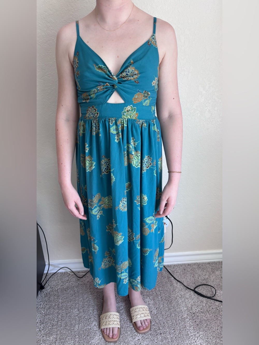 Angie Teal Floral Twist-Front Midi Dress